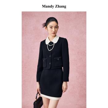 MandyZhang100%綿羊毛黑色雙面呢小香風套裝女冬氣質短款毛呢外套