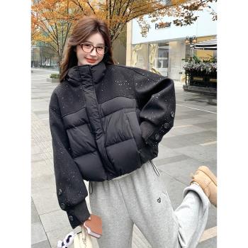 爆款黑色拼接羽絨服女2024冬新款設計感小眾時髦小個子白鴨絨外套