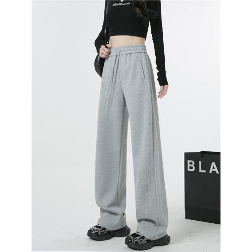 灰色闊腿運動褲女秋冬季加絨高腰窄版休閑衛褲寬松直筒加長拖地褲