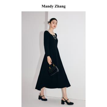 MandyZhang法式黑色高階感氣質連衣裙女簡約優雅方領長袖禮服裙子