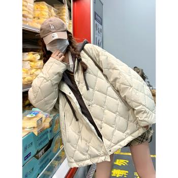 米白色假兩件菱格羽絨服女冬季2024新款小個子寬松保暖白鴨絨外套