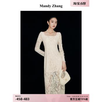 MandyZhang法式重工白色蕾絲連衣裙女秋高級輕奢氣質長袖禮服長裙