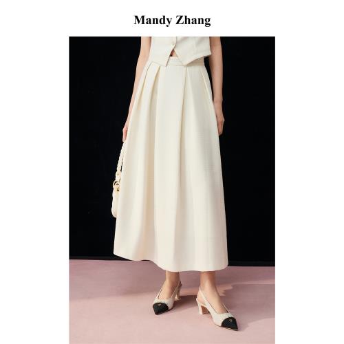 MandyZhang白色小香風A字雪紡半身裙女法式氣質高腰設計感長裙子