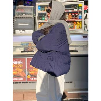 90%白鴨絨無領側拉鏈設計感廓形短款麵包羽絨服外套女2024秋冬新