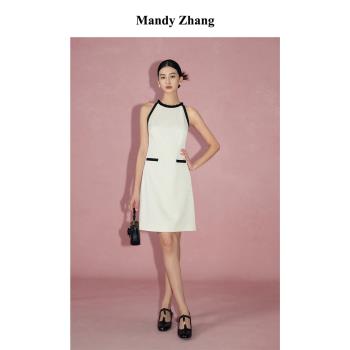 MandyZhang法式釘珠白色醋酸掛脖連衣裙女夏氣質無袖小禮服短裙子