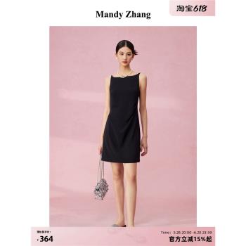 MandyZhang法式黑色一字領短款吊帶連衣裙女夏季氣質小黑裙子禮服