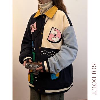 SOLDOUT原創冬季美式復古卡通刺繡夾棉加厚棉服女保暖棉衣外套潮