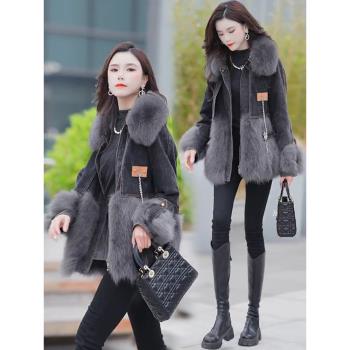 洋氣牛仔皮草拼接羽絨服短外套女2024年冬季新款今年流行保暖外套