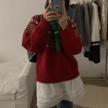 復古費爾島毛衣秋冬女慵懶高階感重工提花圓領套頭加厚羊毛針織衫