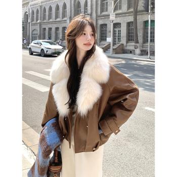 美拉德咖色短款皮衣羽絨服女冬2024新款高階感羽絨內膽大毛領外套