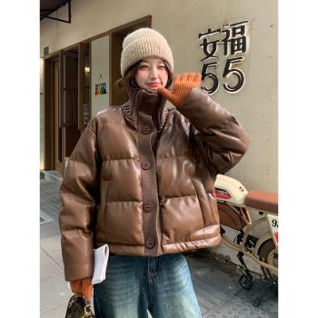 咖色短款皮衣羽絨服女冬季2024新款高階感立領小個子90白鴨絨外套