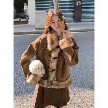 咖色麂皮絨外套女冬季2024新款美拉德加厚復古短款加厚皮毛一體·