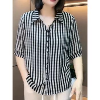 洋氣休閑翻領胖MM大碼上衣時尚格子經典顯瘦襯衫新款夏季條紋小衫