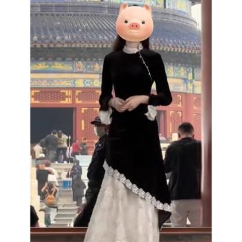 GUQIQI谷七國風新中式改良旗袍裙蕾絲拼接假兩件絲絨黑色氣質長裙