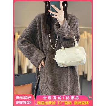 寬松慵懶100%純羊絨衫女圓領加厚側拉鏈針織毛衣中長款羊毛衫打底