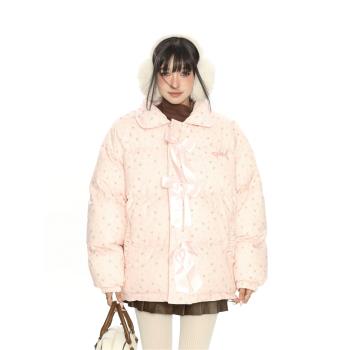 BIGGOLD甜美碎花蝴蝶結可拆卸棉服外套女冬季立領加厚保暖棉襖潮