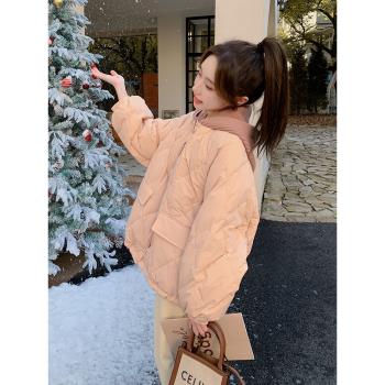粉色菱格羽絨服女冬季2024新款韓系學院風洋氣小個子連帽加厚外套