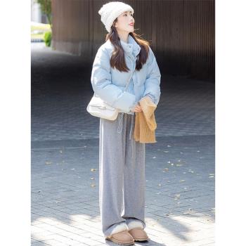 藍色短款立領羽絨服女秋冬設計感小個子輕薄白鴨絨麵包服棉襖外套