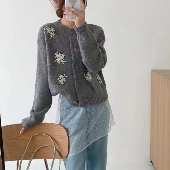 韓系立體手工花朵針羊毛織衫開衫女春秋新款設計感重工毛衣外套女
