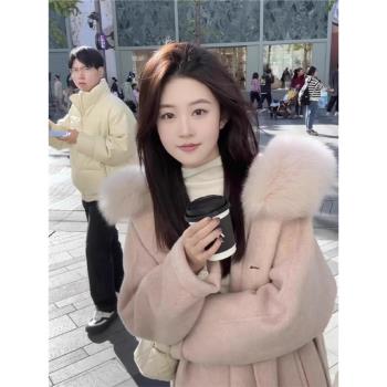 月光初雪雙面毛呢粉色外套女2025新款秋冬季狐貍毛大毛領羊絨大衣