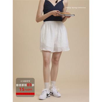 Nicepeople 酵素洗 法式寬松褲腿松緊腰全亞麻吸濕散熱防曬短褲