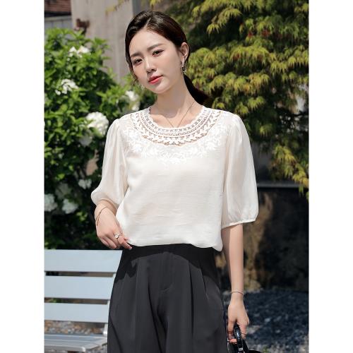 2023年新款短袖襯衫女夏季天絲t恤衫歐貨設計感小眾上衣薄款襯衣