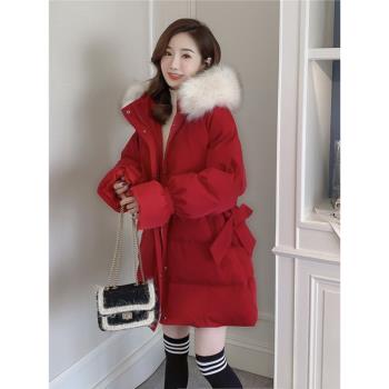 MJAE紅色收腰羽絨服女中長款2025年新款冬季爆款洋氣新年戰袍外套