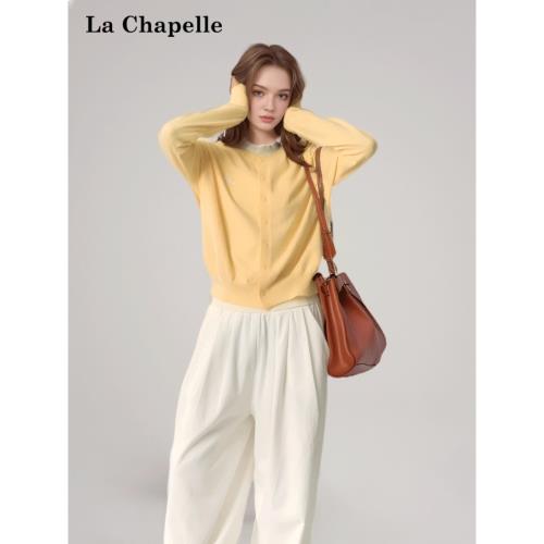 拉夏貝爾奶黃色溫柔風軟糯針織假兩件毛衣開衫女2024秋慵懶短外套