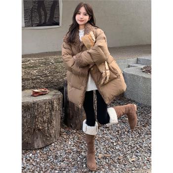 MJAE美拉德咖色羊羔毛羽絨服女冬2024年新款高階感寬松白鴨絨外套