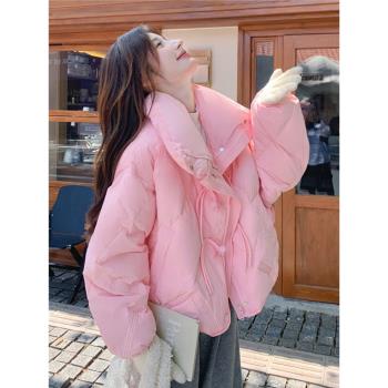 MJAE粉色牛角扣羽絨服女立領超短款24冬季新款小個子斗篷保暖外套