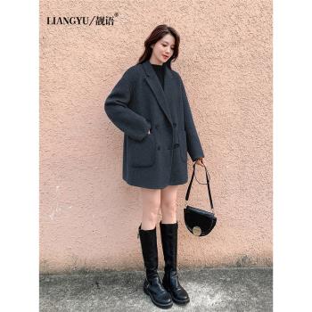 西裝領雙面羊絨大衣女秋冬高階感氣質落肩短款羊毛呢子外套小個子