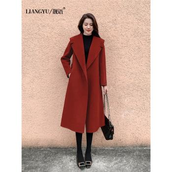 復古安哥拉紅雙面羊絨大衣女中長款韓版氣質翻領高階感羊毛呢外套