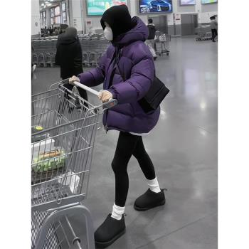 冬裝新款小個子紫色連帽羽絨棉服女時尚休閑加厚保暖外套麵包服女