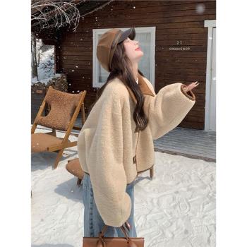 正反雙面穿麂皮絨皮毛一體羊羔毛短款外套女秋冬季加厚超好看棉服