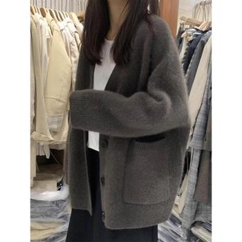 歐洲站復古慵懶風加厚針織開衫女2024年秋季新款灰色軟糯毛衣外套