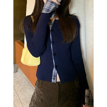學院風假兩件毛衣針織開衫女秋冬復古打底衫韓系穿搭修身短款上衣