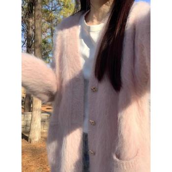 韓系粉色V領奶fufu水貂絨針織開衫女秋冬慵懶風寬松加厚毛衣外套