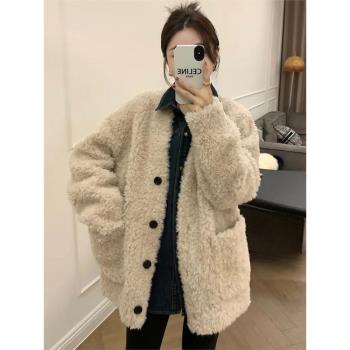 歐洲站加厚V領羊羔毛外套女2024年秋冬新款皮毛一體寬松減齡大衣
