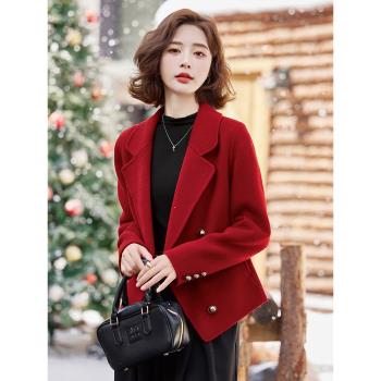 雙面羊絨大衣女短款2024秋冬季新款小個子氣質修身西裝領毛呢外套