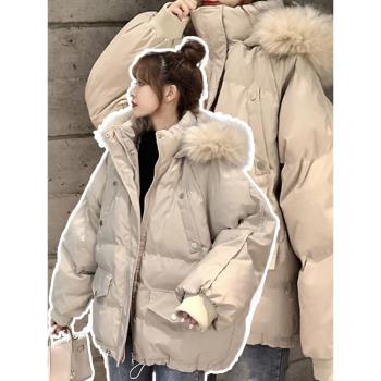 特大碼女裝韓系杏色羽絨棉服春秋胖mm毛領連帽棉襖加厚保暖外套女