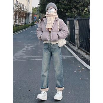 紫色超好看短款羽絨服女冬季設計感小個子白鴨絨麵包服立領外套潮