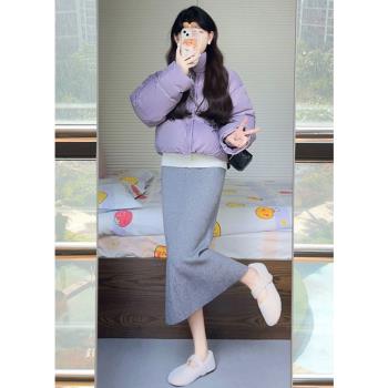 紫色短款立領羽絨服女冬季新款寬松90白鴨絨麵包服小個子棉襖外套