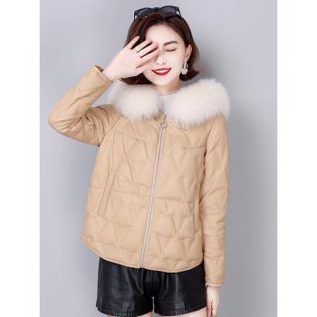 海寧真皮羽絨服女短款2024冬季新款時尚加厚狐貍毛領綿羊皮衣外套