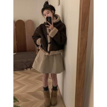 超好看皮毛一體羊羔毛絨外套女2024冬季新款加厚麂皮絨短款機車服