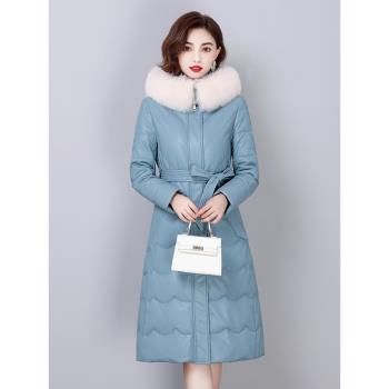 海寧真皮羽絨服女中長款綿羊皮2024冬裝新款韓版修身加厚皮衣外套