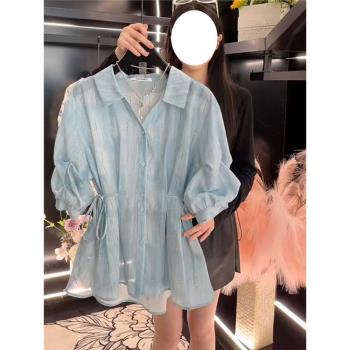 大碼V領扎染收腰五分袖襯衫短袖女夏季胖mm收腰遮肚氣質法式上衣