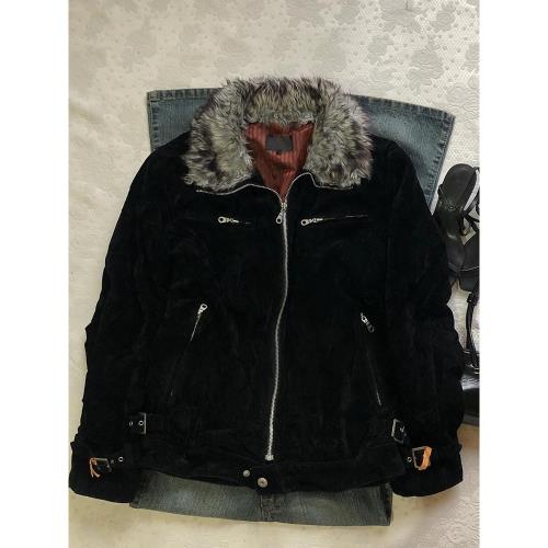 白梨蔓    美式復古黑色毛毛領加厚外套秋冬穿搭保暖小眾設計時尚