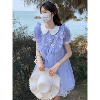 大碼女裝夏季胖mm娃娃領蕾絲邊甜美可愛藍色格紋公主蓬蓬裙連衣裙