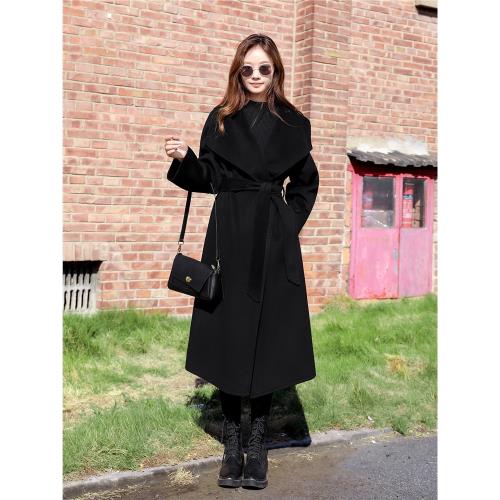 黑色大翻領雙面羊絨大衣女長款韓系高級感赫本風收腰羊毛呢子外套