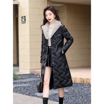 海寧真皮皮衣女羽絨服中長款2024冬季新款水貂毛領綿羊皮皮草外套